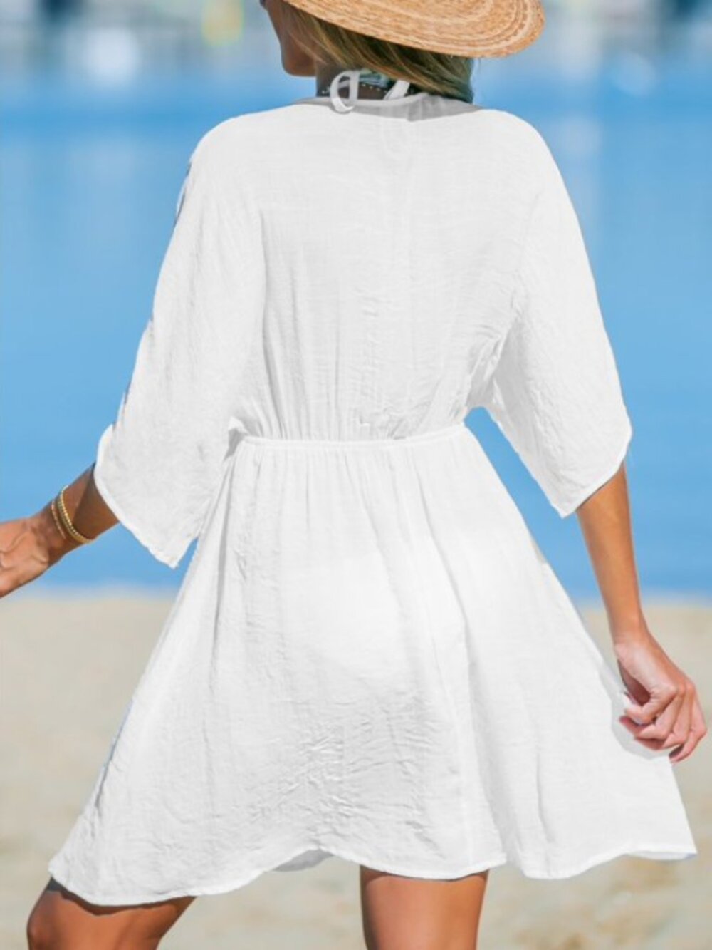 Cupshe Women's White Embroidered Plunging Cover-Up Dress Tunic Swimwear - Picture 2 of 5